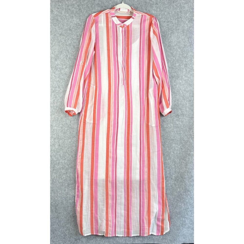 Soft Surroundings Maxi Dress Womens Medium Striped Roll Tab Coastal Gauzy Resort